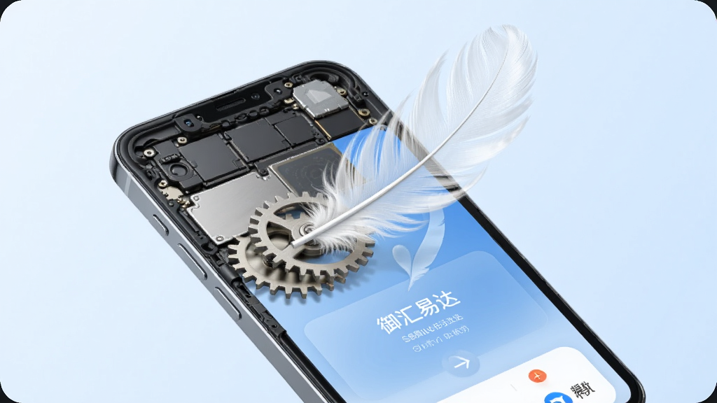 画面表现一部手机内部呈现轻盈的羽毛与齿轮组合图形,手机屏幕显示“御汇易达”运行流畅的界面,背景为淡蓝色,风格清爽简约,构图突出轻量化与稳定性概念,细节干净,画质细腻