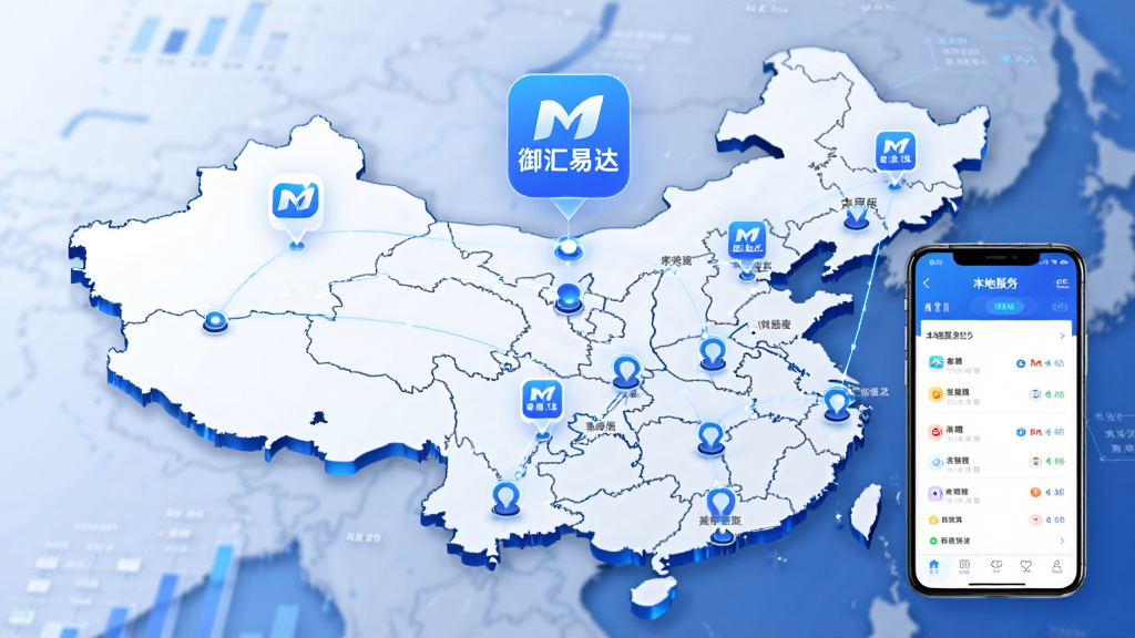 画面展示中国地图轮廓与多个城市节点相连,节点上方悬浮“御汇易达”应用图标,手机界面显示本地服务分类列表,整体采用信息图风格,配色以蓝白为主,布局清晰有序,细节精致,画质干净