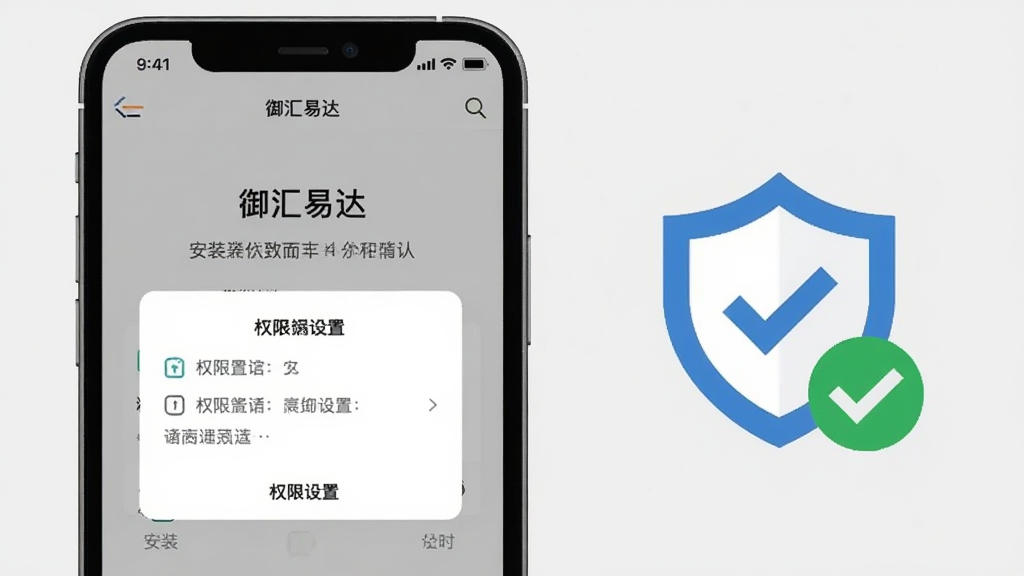 画面展示一部手机屏幕出现“御汇易达”安装界面与权限设置弹窗,旁边有盾牌图标与对勾标记,背景为浅灰色,风格扁平化信息图,布局左右分栏,细节清晰,画质干净无多余元素