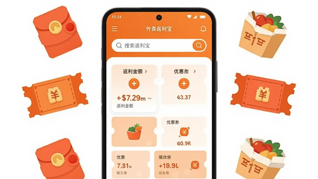 画面中央放置一部竖屏安卓手机,手机屏幕上显示外卖返利宝应用主界面,界面包含搜索框、优惠券卡片列表与返利金额展示模块,手机周围环绕红包、优惠券、外卖餐盒等扁平化图标,整体采用清新橙白色调,布局居中对称,风格为现代扁平化UI插画,细节上突出界面卡片层次与图标圆角,画质清晰干净,无多余元素