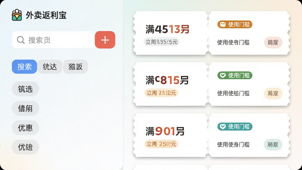 画面主体为外卖返利宝应用内的优惠券聚合页面,左侧为搜索框与筛选标签,右侧为纵向排列的优惠券卡片,卡片上标注满减金额与使用门槛,背景为浅色渐变,布局采用左右分栏结构,风格为简洁扁平化界面展示,细节上体现卡片阴影与标签色彩区分,画质清晰干净,无多余元素