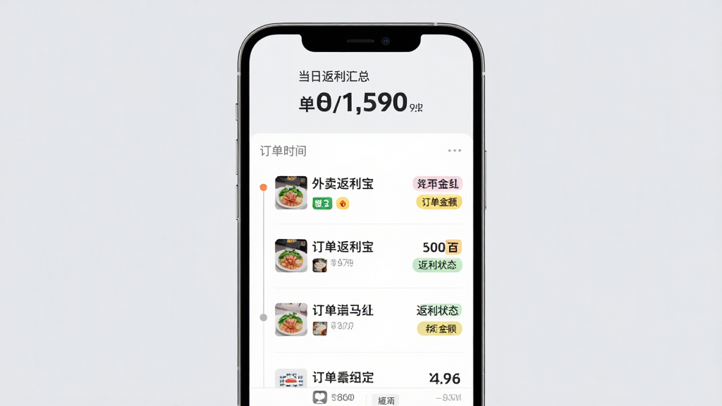 画面展示外卖返利宝的返利追踪页面,手机屏幕中央为订单时间线列表,每条记录包含店铺名称、订单金额与返利状态标签,屏幕上方有当日返利汇总数字,背景为柔和浅灰,布局采用上下结构,风格为现代移动端界面展示,细节上突出状态标签的颜色区分与数字字重,画质清晰干净,无多余元素