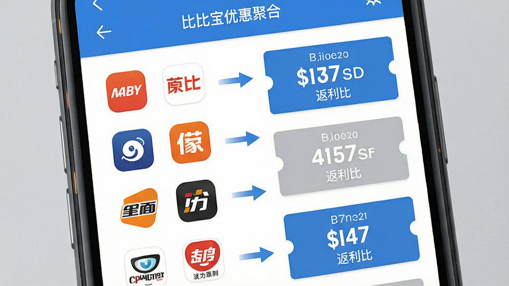 画面主体是手机屏幕特写,屏幕中展示“比比宝”优惠聚合页面,左侧列出多个电商平台图标,右侧对应显示优惠券金额与返利比例,中间用箭头连接;布局为左右分栏信息流,风格为简洁商务扁平风,配色以蓝白灰为主,细节清晰,画质干净,背景纯色无多余装饰