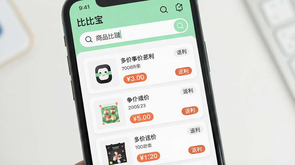 画面主体是手机界面展示“比比宝”搜索比价功能,屏幕上方为搜索框输入商品关键词,下方为三张商品卡片纵向排列,每张卡片包含商品缩略图、价格标签和返利标识;布局为纵向列表式,风格为清新浅色扁平设计,配色以白底配浅绿点缀,细节干净,画质清晰,背景简洁