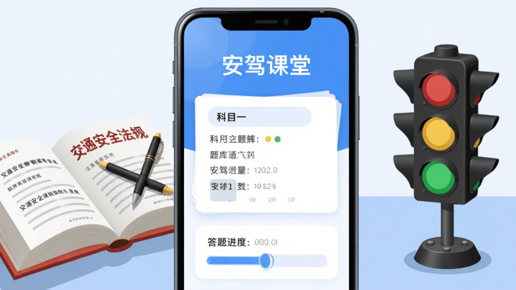 画面主体为一部竖屏智能手机,屏幕中央显示安驾课堂应用界面,界面顶部有“安驾课堂”字样,下方为科目一题库练习卡片与答题进度条,手机左侧摆放一本打开的交通安全法规书籍与一支笔,右侧放置一个迷你交通信号灯模型,背景为浅蓝色渐变桌面,整体采用扁平化插画风格,构图居中对称,细节包括手机边框高光、书本页边阴影、信号灯红黄绿三色清晰,画质清晰干净,无多余装饰元素