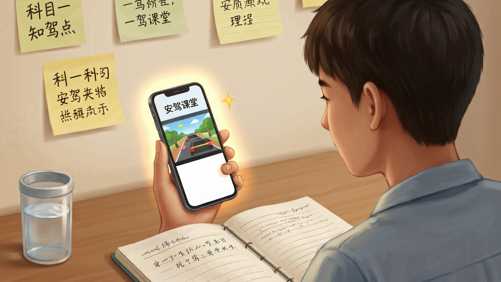 画面主体为一名年轻学员坐在书桌前使用手机观看安驾课堂视频讲解,手机屏幕显示“安驾课堂”字样与交通场景动画,书桌上摆放笔记本与水杯,背景墙面贴有科目一知识点便签,采用温暖写实插画风格,构图以人物侧后方视角展开,细节包括手机屏幕光晕、便签上的手写字迹、笔记本翻开的页面线条,画质柔和清晰,无多余杂物