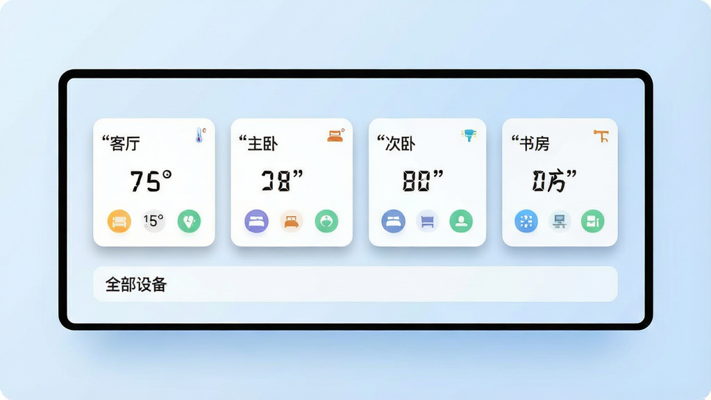 һ�����ܼҾӶ��豸��������ĸ���ͼ����������Ϊһ�������ĺ����������Ļ���������ĸ����俨Ƭ���ֱ��ע�������������ԡ������ԡ����鷿����ÿ�ſ�Ƭ�ں��¶�������ģʽͼ�ꣻ��Ƭ�·��С�ȫ���豸����ǩ��������Ϊ����ɫ���䣬�����ˬ��Լ��ϸ�������ֿ�Ƭ��Ӱ��Բ�ǣ����ʸɾ����������������־������ű�ע��������Ԫ��