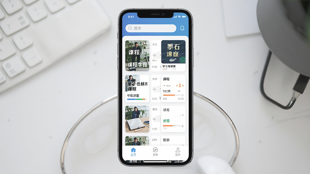 һ��չʾīʯ����APP��ҳ������ֻ�����ͼ����������Ϊ�ֻ���Ļ����Ļ�ڳ��ֿγ��б���ѧϰ���ȿ�Ƭ�����ּ���������Ű�������½ṹ�����Ϊ�ִ�������Ӧ��UI���ϸ�ڰ����������������γ̷�������ͼ����������ײ������������������ɾ����޶���Ԫ��