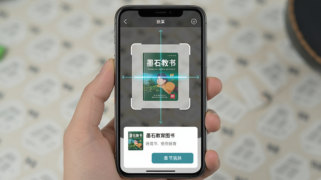 һ��չʾīʯ����ͼ������ɨ�빦�ܵ��ֻ�����ͼ����������Ϊ�ֻ���Ļ����Ļ�ڳ���ɨ��ȡ������ͼ�����ʶ����������Ϊ����ɨ������ӵײ������Ƭ���Ű��࣬���Ϊ������APP������ϸ�ڰ���ɨ���ߡ��鼮��������ͼ���½���ת��ť�����������ɾ����޶���Ԫ��