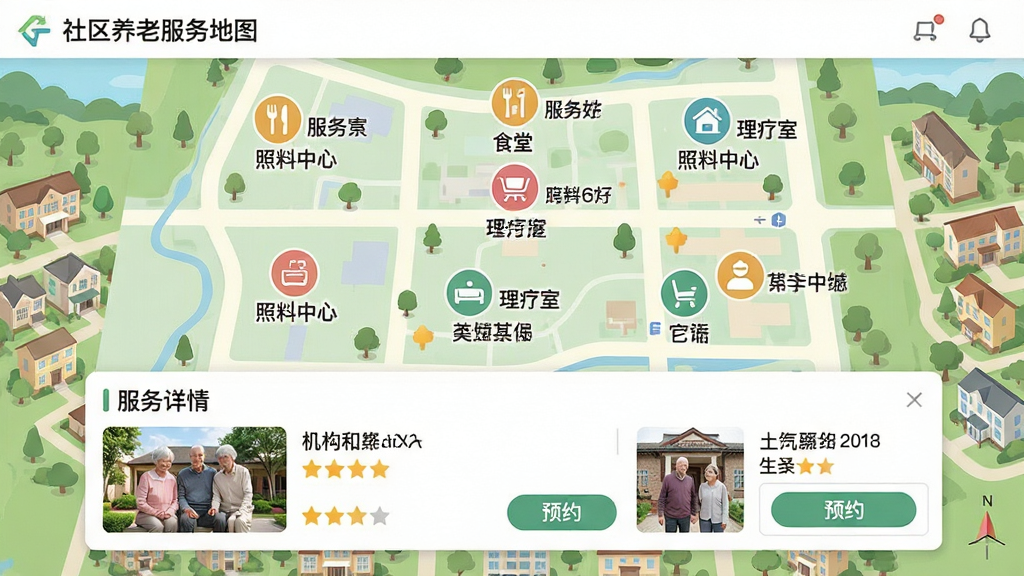 �������һ���������Ϸ����ͼ���棬��ͼ�ϱ�ע�Ŷ����������ͼ����ʳ�á��������ġ������ҵȣ�ÿ��ͼ�����м�̵ķ����ǩ����ͼ�·��Ƿ������鿨Ƭ��չʾ������Ƭ�����ֺ�ԤԼ��ť������������ȫ������ӽǣ������������ǳɫϵ��ƽ���廭��񣬲��ֲ�η�����ϸ�����������ʸɾ����޶���Ԫ��