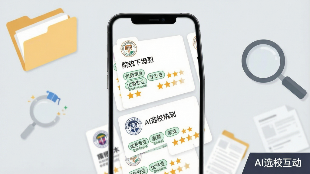һ��չʾAIѡУ����ԺУ��Ϣ�ۺ�ҳ���Ч��ͼ������Ϊ�ֻ���Ļ�ڳ��ֶ���ԺУ��Ϣ��Ƭ�����Ų���ÿ�ſ�Ƭ����У��λ�á�ԺУ���ơ�����רҵ��ǩ�������Ǽ�������Ϊǳ��ɫ������񣬴����ļ�����Ŵ�װ��Ԫ�أ������Ű����롢�Ӿ���ˬ�����Ϊ��Լ��ƽ����������������㣬ͼƬ�����ע��AIѡУ������