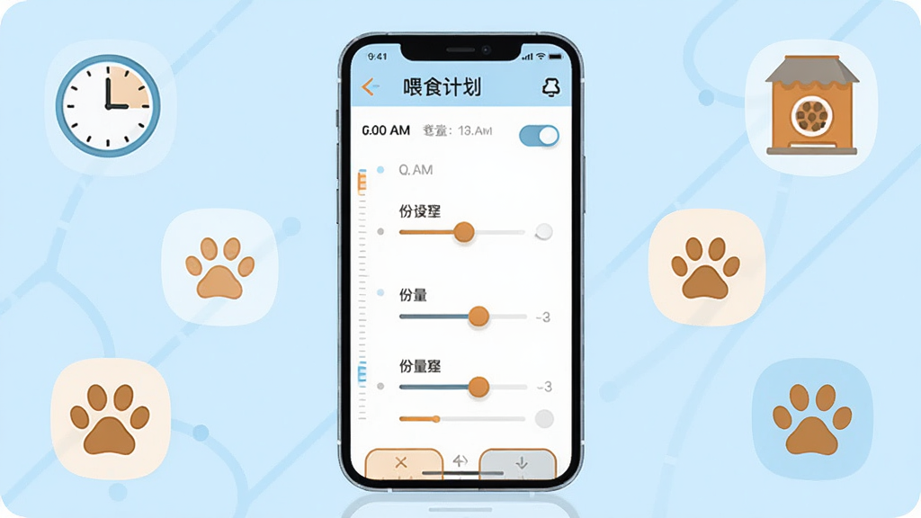 ��������Ϊ�蹾��Ӧ���е�ιʳ�ƻ����ý��棬�ֻ���Ļ��ʾʱ������������飻����Ϊ�ֻ����У���Χ����ʱ�ӡ����֡�����צӡ��Сͼ�ꣻ�Ű����ҶԳƣ����Ϊ�ִ���ƽ���Ƽ��廭��ǳ����ů����ɫ��ϸ�ڰ����̶��ߡ����ذ�ť�������������ʸ��壬�ɾ����޶���Ԫ��