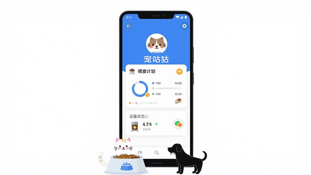 ��������Ϊһ��������׿�ֻ�����Ļ����ʾ�蹾��Ӧ����ҳ�������������ͷ��ιʳ�ƻ���Ƭ���豸����״̬�����ֲ��þ��й�ͼ���ֻ��·�����һֻ��ɫСèʳ���һֻС����Ӱ���Ű��࣬�������ף����Ϊ��ˬ��ƽ��UI�廭��������ɫ����ϸ�ڰ���Բ�ν��Ȼ���ʱ��̶ȡ�����ͼ�ꣻ���ʸ��壬�ɾ����޶���Ԫ��