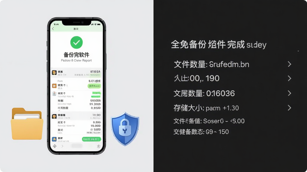 画面展示一部手机屏幕显示聊天记录全免备份软件的备份完成报告页面,页面上有绿色对勾图标、文件数量和存储大小信息,手机旁边放置一个文件夹图标和一个盾牌图标,背景为浅灰色简约风格,布局左图右文,细节上报告页面有清晰的数据列表,画质干净清晰,无多余元素