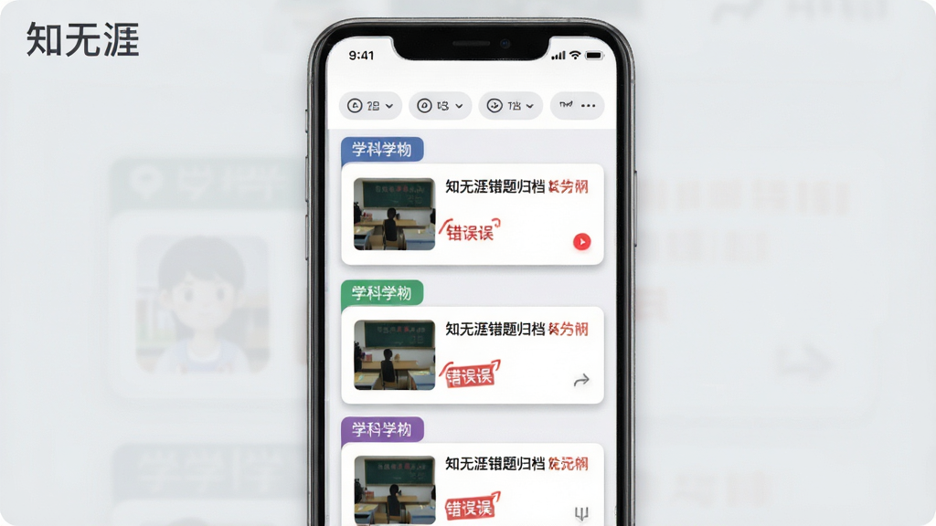 һ��չʾ֪���Ĵ���鵵���ܵĽ���ͼ����������Ϊ�ֻ���Ļ����Ļ����ʾ���⿨Ƭ�б�����Ƭ��ѧ�Ʊ�ǩ�������У�ÿ�ſ�Ƭ������Ŀ����ͼ���ɫ��ǵĴ����ǩ����Ļ�Ϸ���ɸѡ��������Ϊǳ��ɫ����������죬����Ϊ�����б���ϸ�ڰ�����Ƭ��Ӱ���ǩɫ�飬���������ɾ��������д���