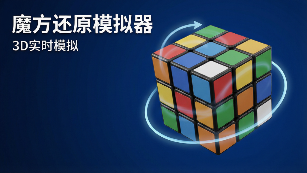 画面主体为一个悬浮在深蓝色背景中的高精度三维魔方,魔方处于半解状态,六个面颜色分明,周围有发光的旋转轨迹线示意转动方向;布局上魔方居中偏右,左侧留出空白区域;排版上在左上角以白色粗体字写“魔方还原模拟器”,下方小字写“3D实时模拟”;风格为科技感三维渲染,光影柔和;细节包括魔方塑料质感、边缘倒角、环境光反射;画质高清干净,无多余元素