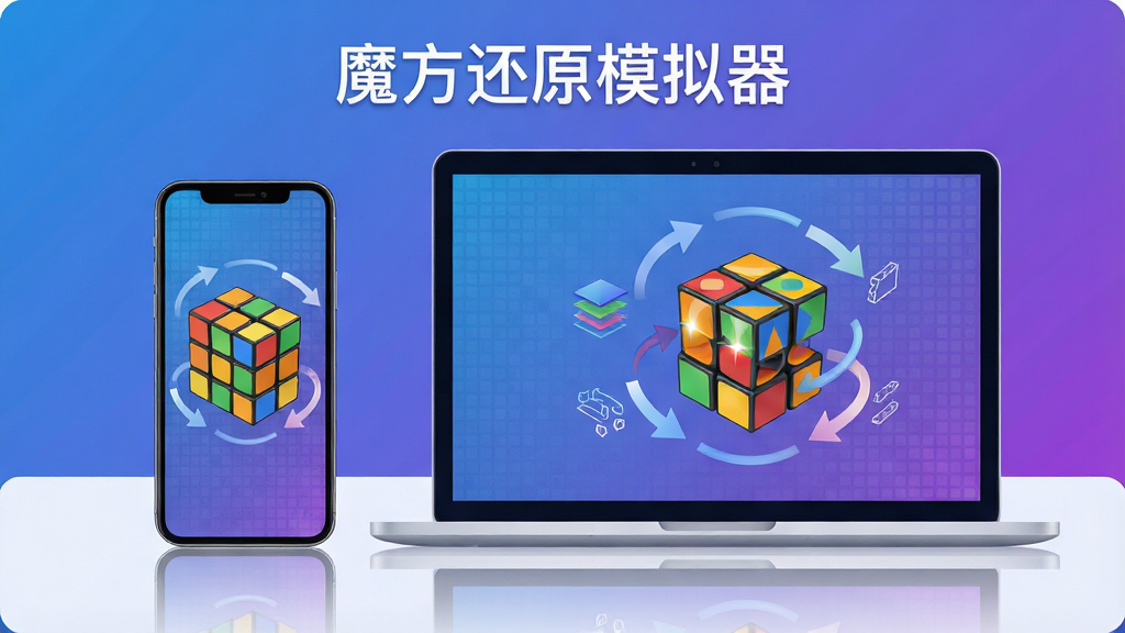主体为一部智能手机与一台笔记本电脑并排摆放,屏幕中央显示一个色彩鲜艳的三维魔方模型,魔方周围环绕着旋转箭头与分层拆解示意图形;布局采用居中对称构图,设备下方有浅色桌面倒影;排版上软件名称“魔方还原模拟器”以简洁无衬线字体置于画面顶部中央;风格为现代科技感扁平插画,配色以蓝紫渐变为主、魔方六色点缀;细节包括屏幕内魔方高光反射、细微的网格背景、设备边缘柔和阴影;画质清晰干净,无多余元素,适合下载站展示用图