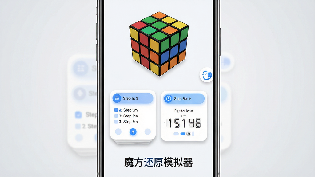 主体为手机屏幕特写,屏幕内显示魔方还原模拟器的操作界面,界面上方是三维魔方,下方是步骤提示卡片与计时器数字;布局为竖屏手机居中,背景为浅灰色渐变;排版上画面底部写“魔方还原模拟器”字样;风格为清爽UI展示风格,配色以白色与蓝色为主;细节包括界面按钮圆角、步骤卡片阴影、魔方色彩饱和;画质清晰干净,无多余元素