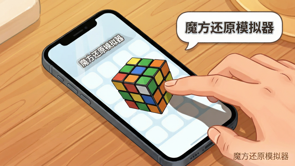 主体为一部手机放置在桌面上,屏幕显示魔方还原模拟器的引导界面,旁边有一只手正在滑动屏幕操作魔方,画面一角有提示气泡写着“魔方还原模拟器”;布局为斜角俯视构图,手机位于画面中心偏左;排版上右下角以浅色小字标注软件名称;风格为生活化场景插画,配色温暖明亮;细节包括手指与屏幕的接触阴影、桌面木纹质感、界面元素清晰;画质干净清晰,无多余元素