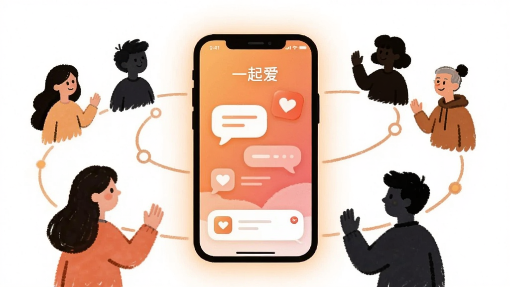 �����������һ�������ֻ�����Ļ��ʾ��һ�𰮡�Ӧ�������棬����������ů�ĳȷ�ɫ���䱳�����Ի������밮��ͼ�꣬�ֻ���Χ�������ֻ���������Ӱ���������������岼�ֲ��þ��й�ͼ�����Ϊ��ƽ����ů�廭��ϸ�ڰ�����͵Ĺ��Ρ�Բ���ͼ��߽���������ף����������ɾ����޶���Ԫ��