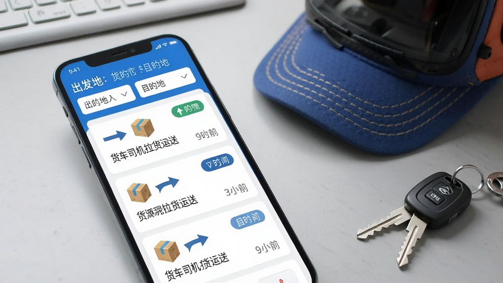 手机应用界面展示货运订单列表,屏幕上方有出发地与目的地筛选栏,下方卡片式排列多条货源信息,每条卡片包含路线箭头、货物类型图标与时间标签,整体采用蓝白配色,界面干净整洁,背景为浅灰色工作台面,旁边放着一顶货车司机帽子与车钥匙,风格为产品展示图,画质清晰细腻,图片中可加入文字