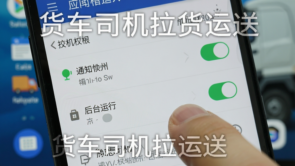 安卓手机设置界面特写,显示应用权限管理页面,通知权限与后台运行开关处于开启状态,手指正在点击屏幕,背景为简洁的桌面环境,风格为操作演示图,画质清晰,图片中可加入文字