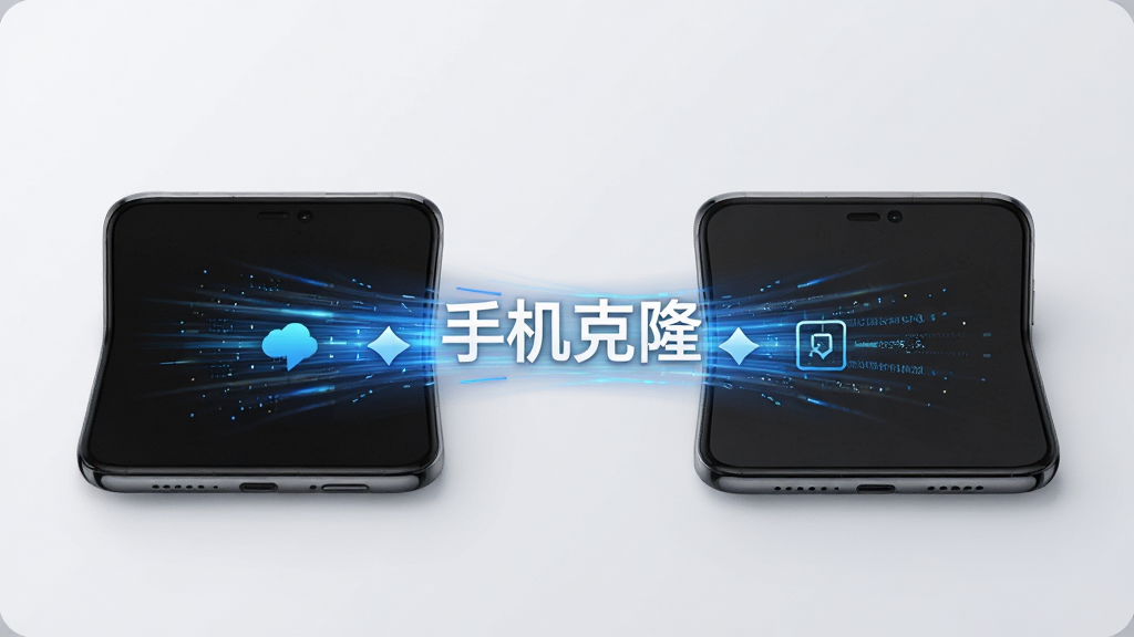 两台手机并排摆放,屏幕之间显示高速数据传输的光线效果,画面中央有“手机克隆”字样,布局左右对称,风格动感科技,细节表现传输速度感,画质清晰,背景干净简约