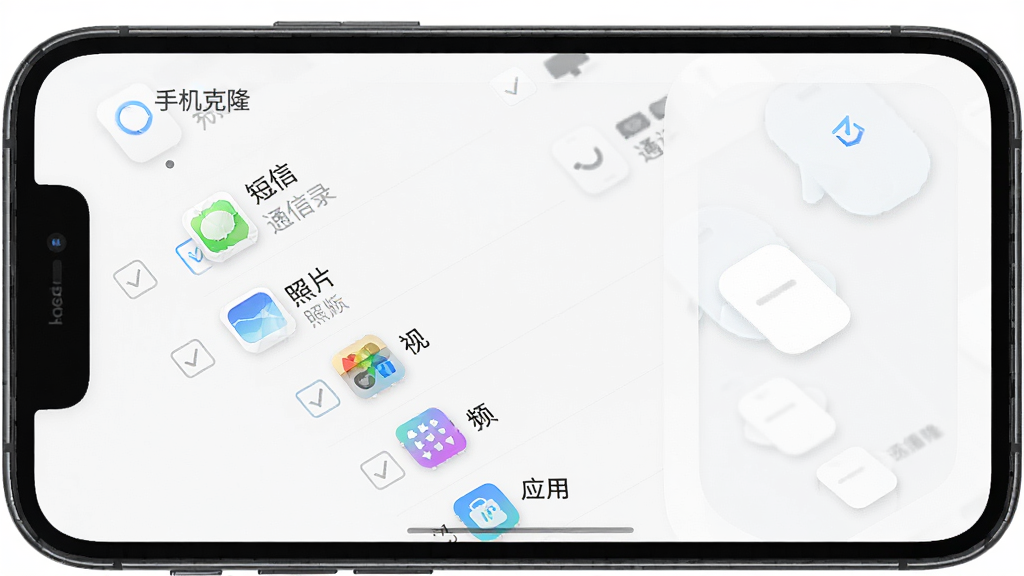 手机屏幕显示“手机克隆”应用界面,界面上列出通讯录、短信、照片、视频、应用等选项,每个选项前有勾选框,布局清晰列表式排版,风格简洁实用,细节图标精致,画质高清,背景干净