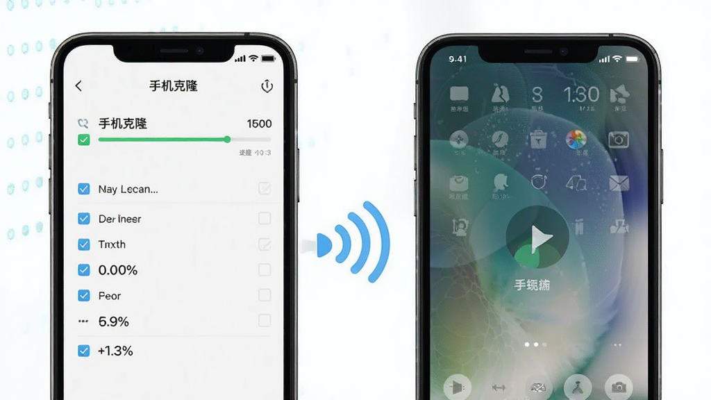 手机屏幕显示“手机克隆”传输进度条界面,两部手机之间用无线信号连接,画面中有勾选列表和进度百分比,布局清晰直观,风格简洁实用,细节表现传输状态,画质高清,背景干净无干扰