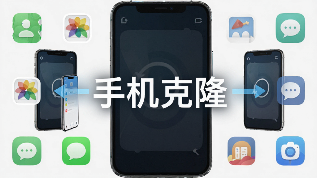 一部智能手机屏幕中央显示“手机克隆”四个大字,周围环绕通讯录、照片、短信、应用等图标元素,两台手机之间用箭头连接表示数据传输,整体布局居中对称,风格简洁科技感,细节清晰,画质高清,背景干净,无多余元素