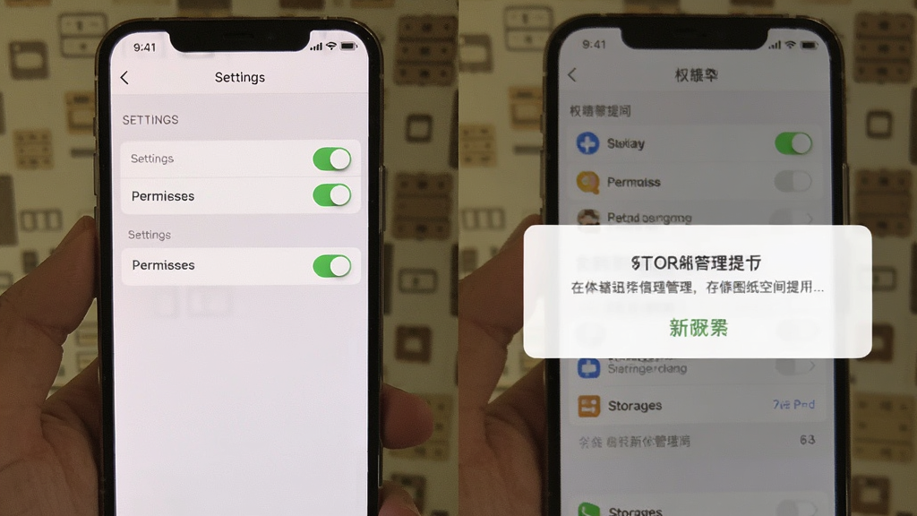 拼豆图纸生成软件在手机上的权限设置界面与存储空间提示场景,画面展示设置菜单中的权限开关和存储管理选项,风格简洁,画质清晰,无多余元素
