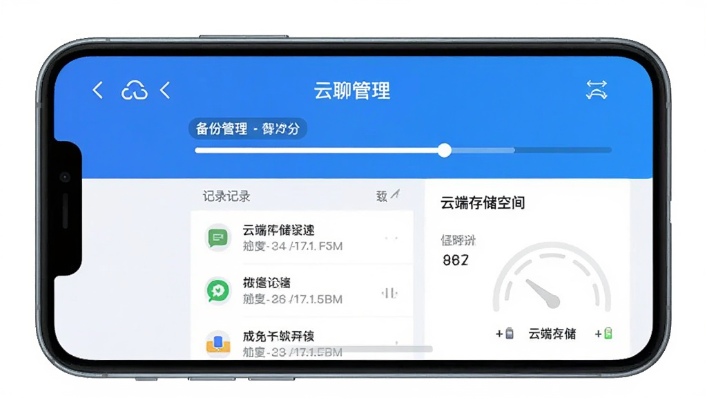 微聊备份云端软件主界面截图,居中展示手机屏幕,屏幕内呈现云备份管理面板,包含备份进度条、聊天记录列表与云端存储空间指示,界面采用蓝白配色,风格简洁清爽,画质清晰,干净无多余元素