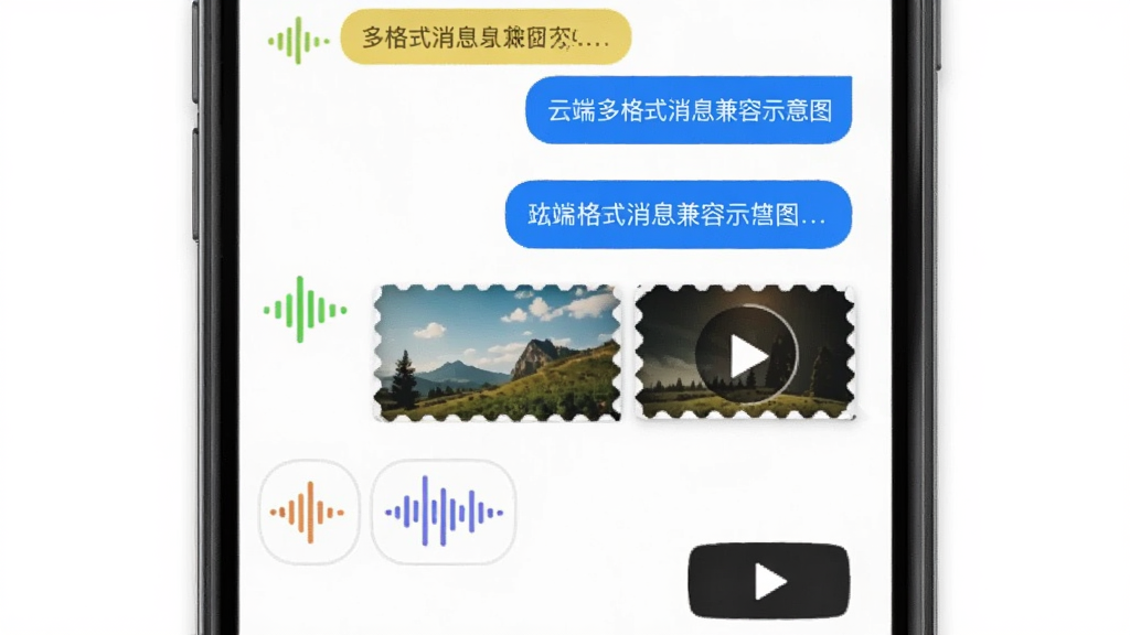 微聊备份云端多格式消息兼容示意图,画面展示手机屏幕内文字气泡、图片缩略图、语音波形图标与视频播放按钮整齐排列,布局为纵向列表式排版,风格现代简约,细节突出不同消息类型的图标区分,画质清晰,干净无多余元素