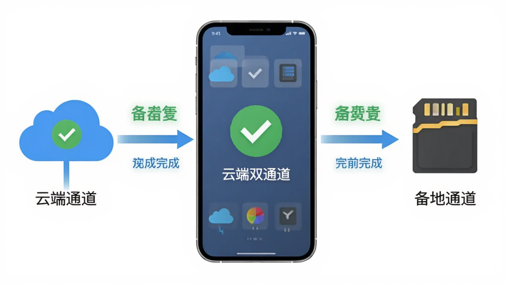 微聊备份云端双通道备份示意图,画面以手机为中心,左侧延伸出云朵图标代表云端通道,右侧延伸出存储卡图标代表本地通道,布局左右对称,风格信息图表式,细节包含数据流向箭头与备份完成标记,画质清晰,干净无多余元素