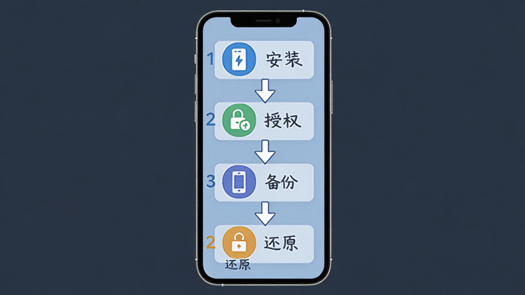 微聊备份云端新手操作流程图,画面以手机屏幕为中心,从上至下依次展示安装、授权、备份、还原四个步骤的图标与简短文字标注,布局为纵向流程式排版,风格扁平化信息图,细节包含箭头连接与步骤编号,画质清晰,干净无多余元素