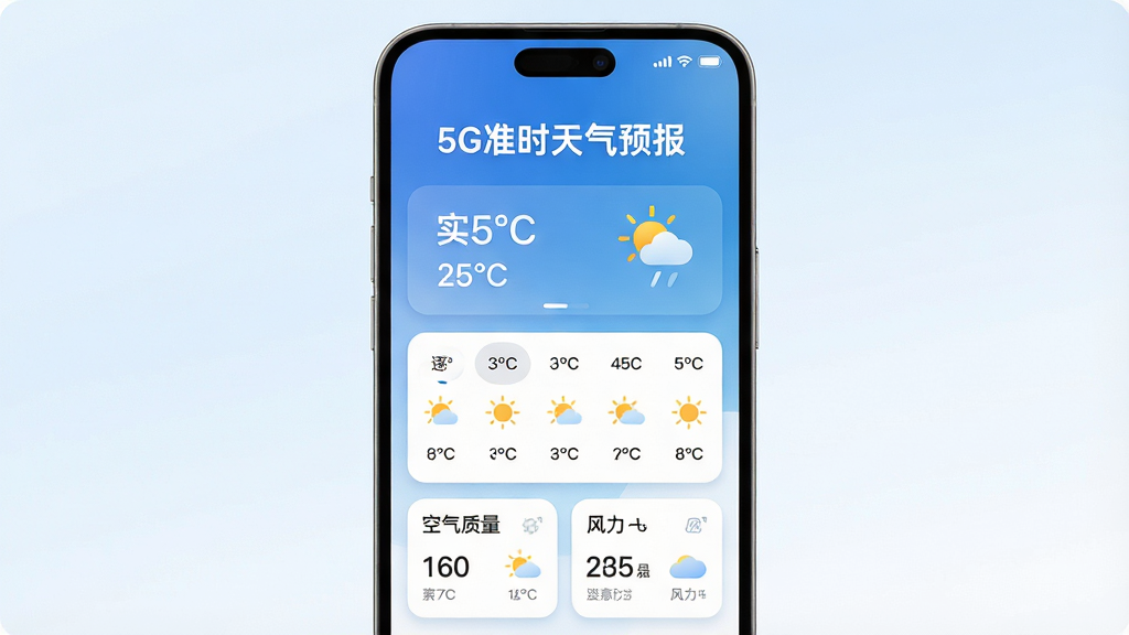 画面主体为一部竖屏智能手机,屏幕中央显示天气应用主界面,顶部大字标题“5G准时天气预报”,界面布局为上方实时温度与天气图标、中部逐小时预报条、下方空气质量与风力卡片;排版简洁垂直,风格清爽现代,细节包括蓝白渐变背景、圆角卡片、细腻阴影与天气小图标;画质清晰干净,无多余元素