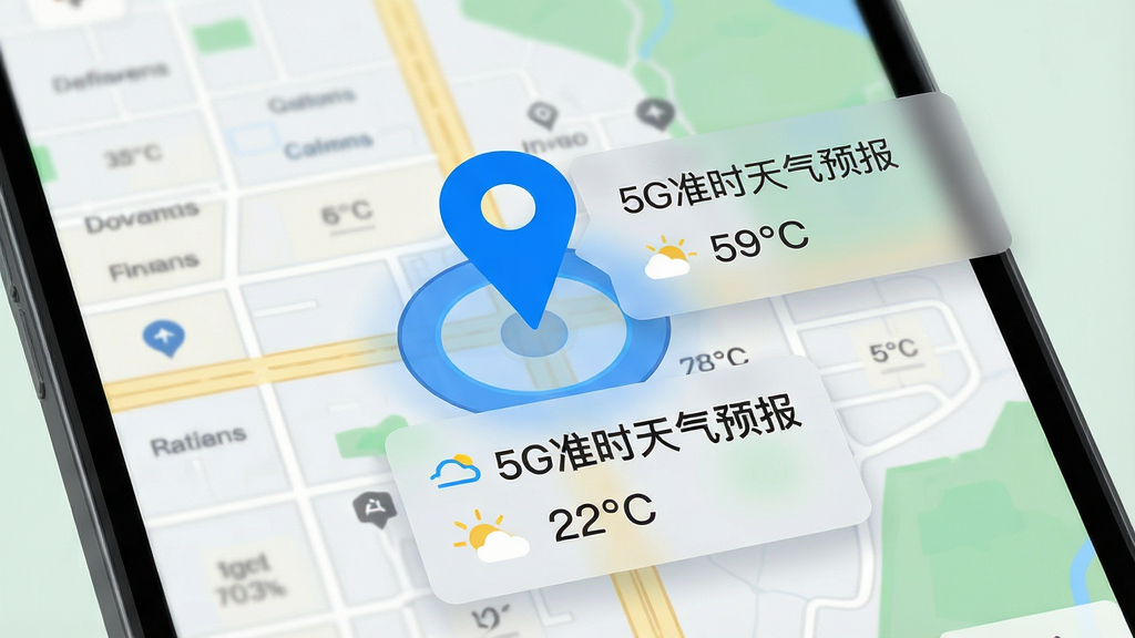 画面主体为手机屏幕显示地图定位界面,地图上有一个高亮定位标记,标记旁弹出天气信息浮层,浮层内写有“5G准时天气预报”字样与温度数据;布局为地图铺满背景、浮层居中偏下;风格为扁平化地图风格,细节包括蓝色定位光圈、半透明浮层卡片、简洁图标;画质清晰干净,无多余元素