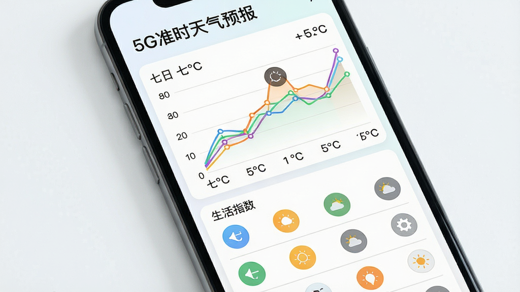 画面主体为手机屏幕展示七日天气趋势折线图与生活指数图标列表,顶部标题“5G准时天气预报”,布局为上图下表、纵向排列;风格为清新浅色数据可视化风格,细节包括彩色折线、温度数字、圆形生活指数图标、浅灰分隔线;画质清晰干净,无多余元素