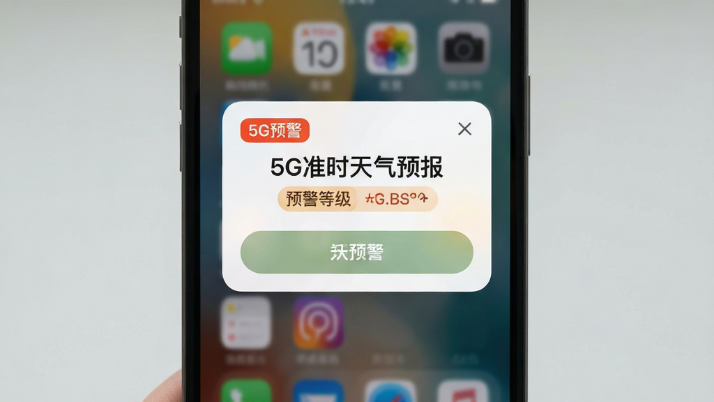 画面主体为手机屏幕显示天气预警弹窗与简洁主界面,弹窗内写有“5G准时天气预报”与预警等级标识;布局为弹窗居中、背景为主界面虚化;风格为扁平化提醒卡片风格,细节包括橙红色预警标签、圆角按钮、简洁文字排版;画质清晰干净,无多余元素