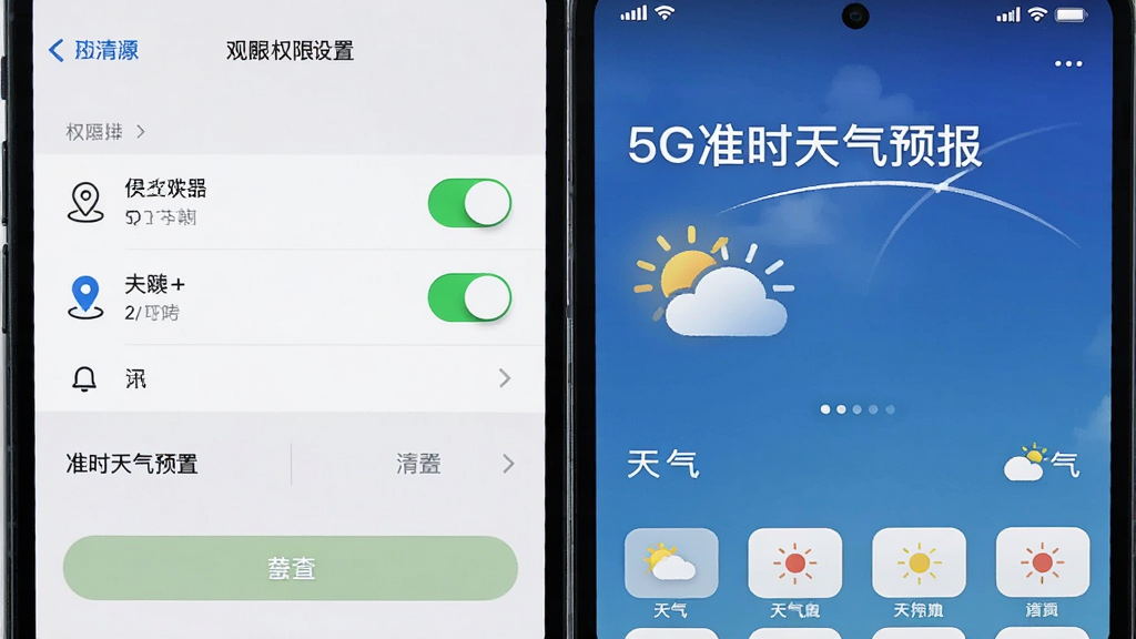 画面主体为手机屏幕显示应用权限设置页面与天气首页并列对比,页面中写有“5G准时天气预报”字样;布局为左右分栏、左权限右天气;风格为系统设置界面风格,细节包括权限开关列表、定位图标、通知图标、简洁按钮;画质清晰干净,无多余元素