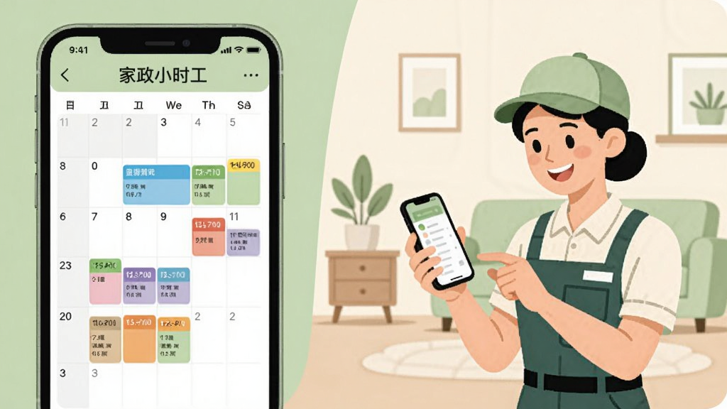 画面左侧是一部手机展示家政小时工日程排班界面,日历格子中有彩色时间块标注服务时段,右侧是一位穿着工作服的钟点工正在看手机微笑,背景是简洁的家居环境,插画风格,主色调为浅绿与米白,构图左右平衡,画质干净清晰,无杂乱元素