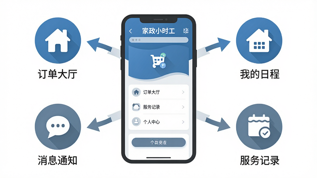 画面是一张信息图表式插画,中央是家政小时工软件的手机界面截图风格展示,四周用箭头连接五个圆形图标分别代表订单大厅、我的日程、服务记录、消息通知、个人中心,图标下方配有简短文字标签,整体排版规整,风格简洁商务,配色为蓝灰与白色,画质清晰,背景干净无多余元素