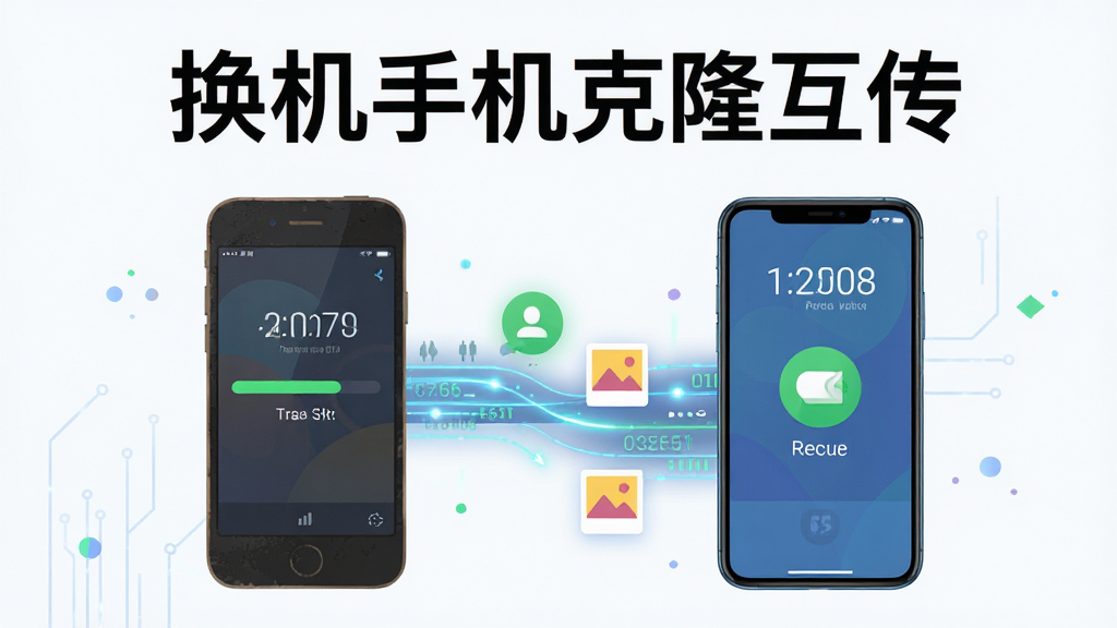 主体为一部旧手机与一部新手机并排摆放,中间以发光的数据流线条连接,布局为居中对称构图,排版上软件名称“换机手机克隆互传”以醒目标题置于画面正上方,风格为科技感扁平插画,细节包括手机屏幕显示传输进度条、通讯录与照片图标沿数据流移动,画质清晰干净,无多余元素