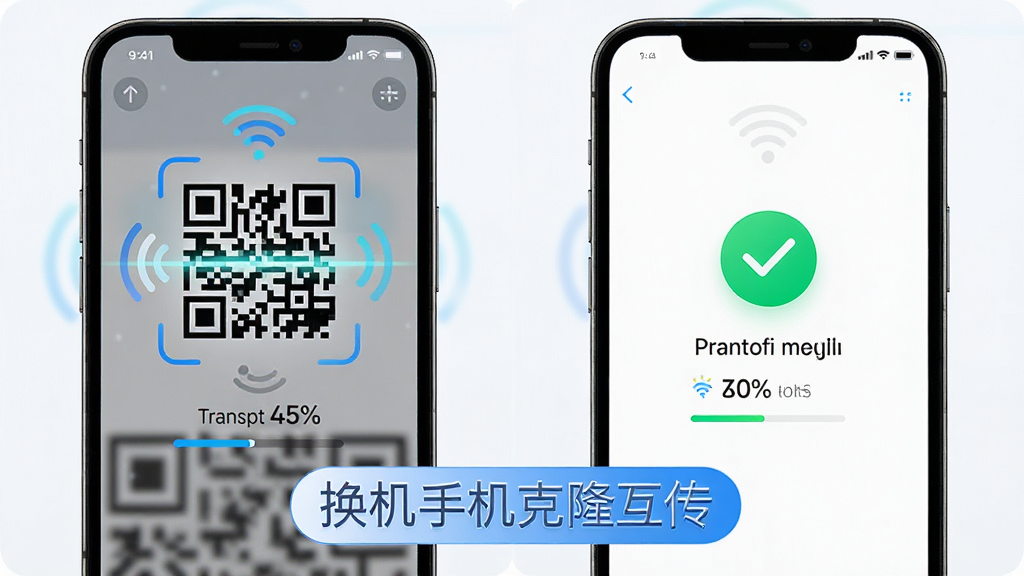 主体为两部手机屏幕之间显示二维码扫描界面与设备配对成功的对勾图标,布局为左右分屏展示,排版上“换机手机克隆互传”字样以标签形式出现在画面底部,风格为明亮简洁的UI界面风格,细节包括热点信号波纹、传输速度数值、进度百分比,画质高清干净,无多余元素