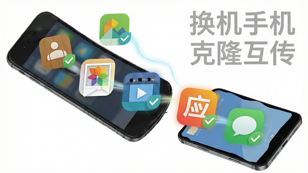 主体为多个彩色图标方块(通讯录、照片、视频、应用、短信)从旧手机飞向新手机,布局为对角线动态构图,排版上“换机手机克隆互传”以半透明水印形式置于画面右上角,风格为扁平化图标设计,细节包括每个图标带有勾选标记、数据流动轨迹,画质清晰干净,无多余元素
