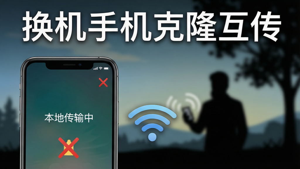 主体为两部手机之间以WiFi直连符号相连,背景为无网络信号的户外场景剪影,布局为前景手机特写加背景虚化,排版上“换机手机克隆互传”以白色字体置于画面顶部,风格为写实与插画结合,细节包括手机屏幕显示“本地传输中”字样、流量图标打叉,画质清晰干净,无多余元素