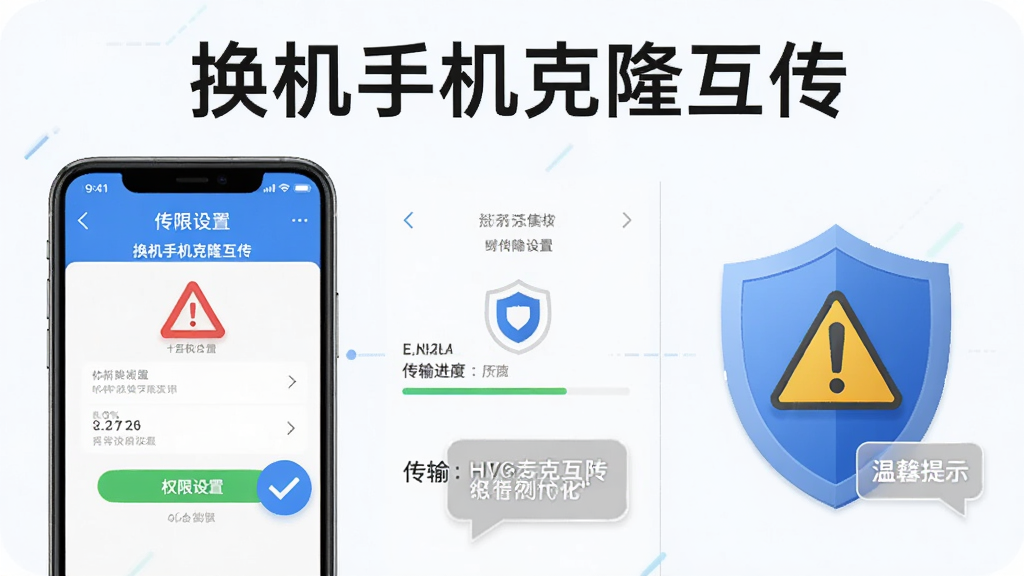 主体为一部手机屏幕显示换机手机克隆互传的权限设置页面与传输进度界面,旁边放置一个带警示标志的盾牌图标,布局为左中右三栏信息图,排版上“换机手机克隆互传”以标题形式置于画面顶部,风格为信息图表风格,细节包括红色警示三角、蓝色优化对勾、灰色温馨提示气泡,画质清晰干净,无多余元素