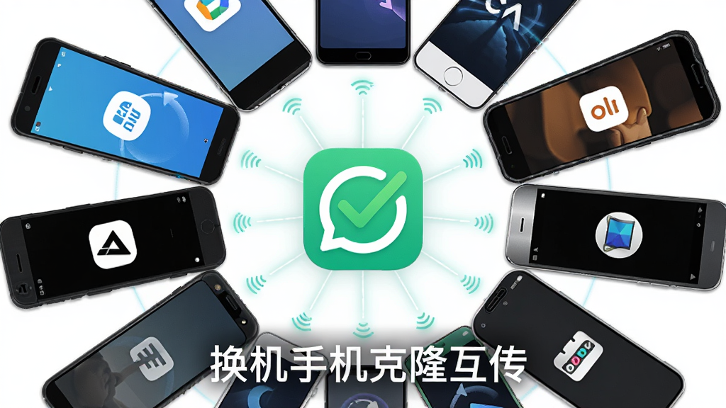 主体为多款不同品牌手机围成一圈,中心显示“换机手机克隆互传”软件图标与连接成功的绿色对勾,布局为环形放射构图,排版上软件名称位于画面中心下方,风格为简约科技风,细节包括各手机屏幕显示不同品牌标志、连接光线汇聚中心,画质清晰干净,无多余元素