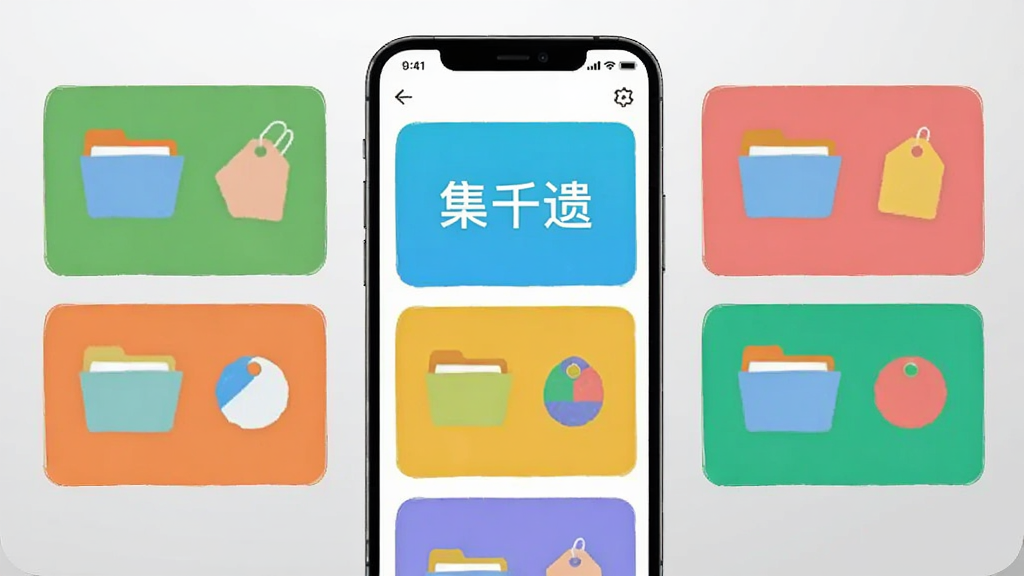 手机屏幕中央显示“集千遗”应用主界面,多个彩色分类卡片整齐排列,卡片上有文件夹与标签图形,背景为浅灰渐变,构图居中,风格扁平插画,细节清晰,画质干净,无杂乱元素