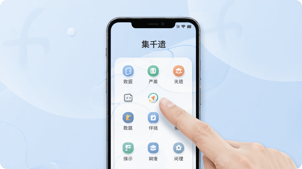 一只手轻触安卓手机屏幕,屏幕上是“集千遗”的简洁功能列表页,图标排列整齐,背景柔和浅蓝,构图以手机为中心,风格现代简约插画,细节精致,画质高清,画面干净无多余元素